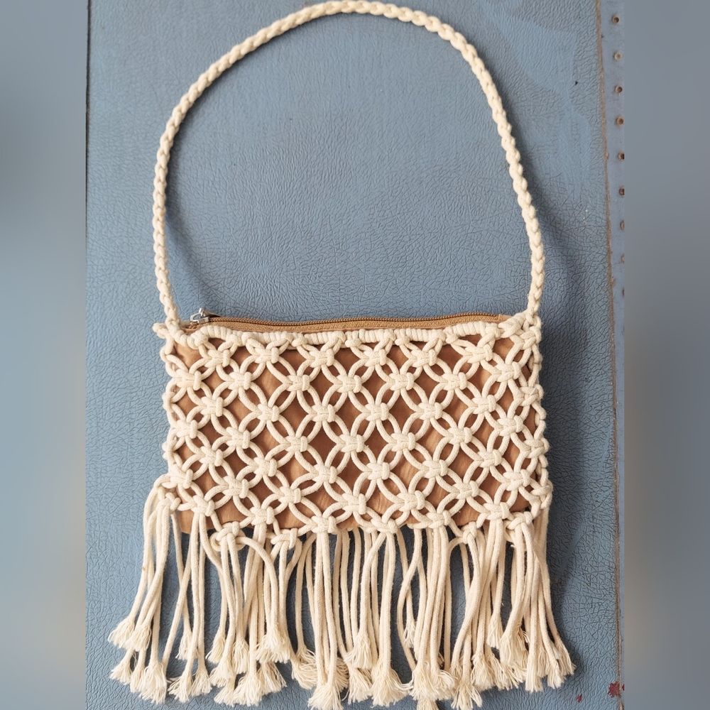 Steve Madden Cream Macramé Boho Fringe Purse